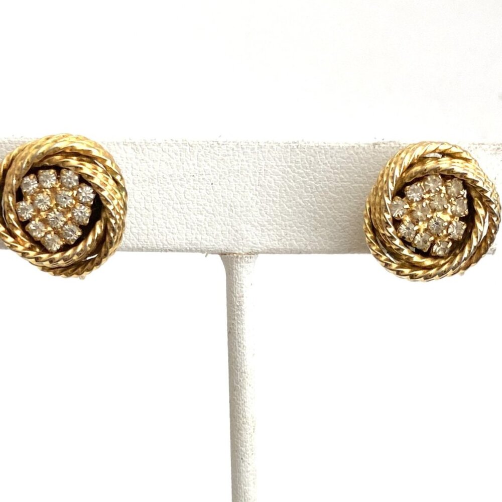 Gold Clip on Earrings Vintage Gold Rope Swirl Rhinestone Clip on Earrings 1950s